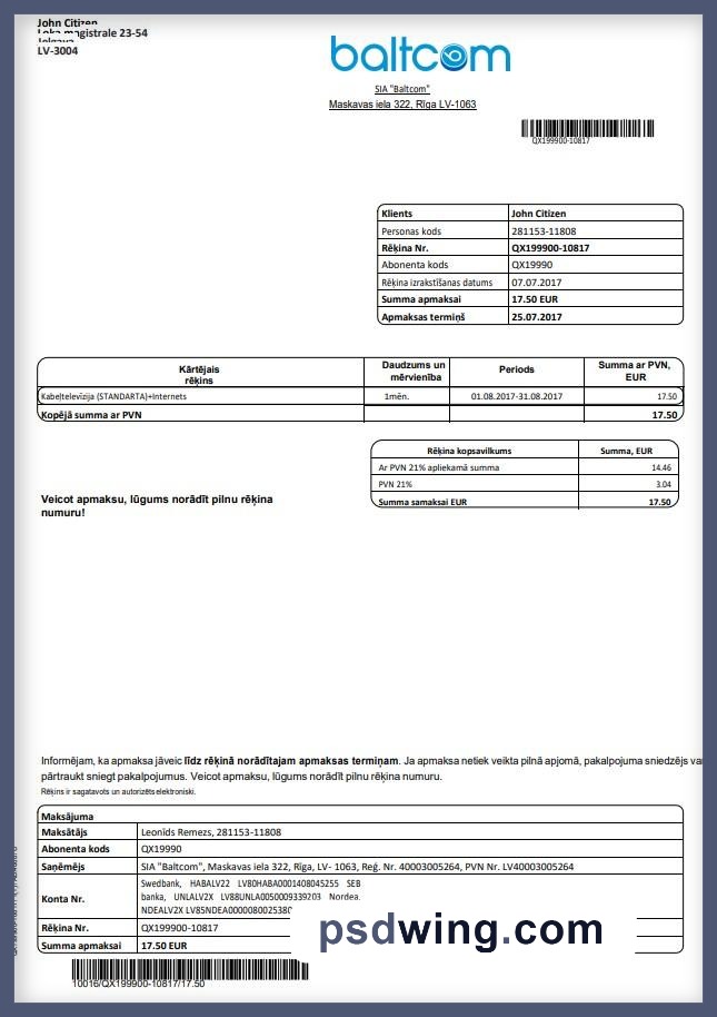 Latvia Baltcom Telecommunications Utility Bill (Latvian Version)